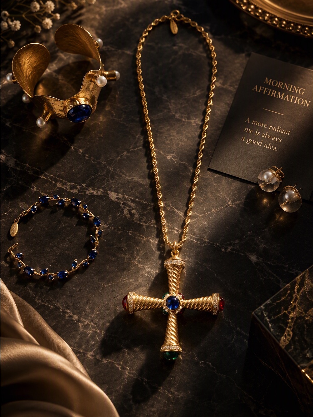 Vintage-Style Gold Multi-Color Gem Cross Pendant Necklace | Statement Jewelry